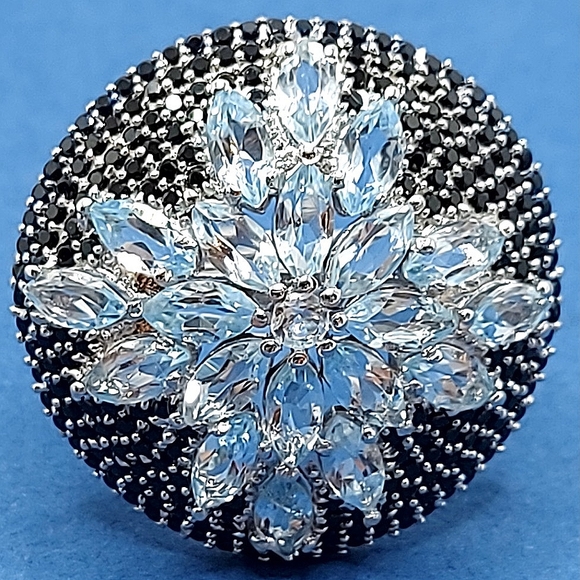 Natural Sky Blue Topaz‎ 6x3mm & Black Spinel 925 Sterling Silver Ring Size 8 - Picture 5 of 10